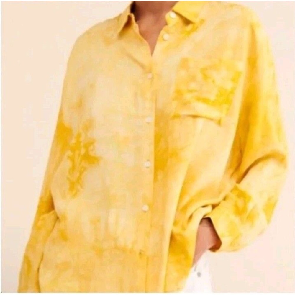 NWT Caara Women Long Sleeve Button Down Shirt Blouse Top Yellow Tie Dye Sz Large
